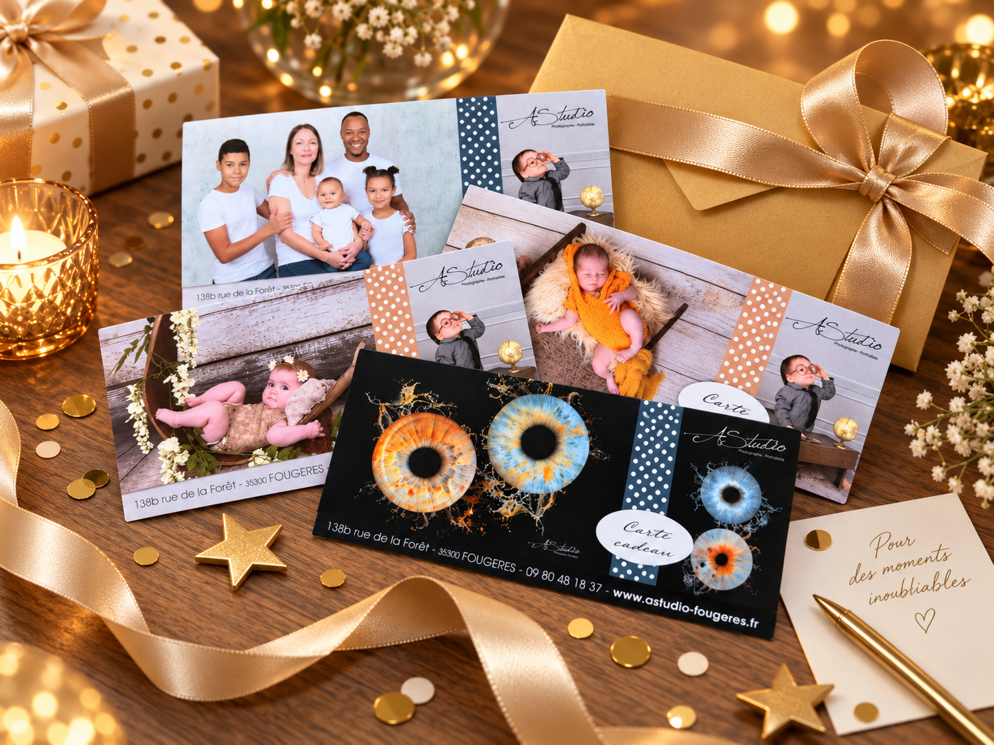Présentation des bons cadeaux AStudio avec portraits et créations iris